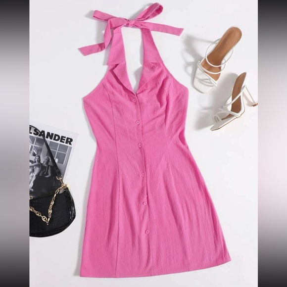 pink button up collared halter dress - Picture 1 of 7